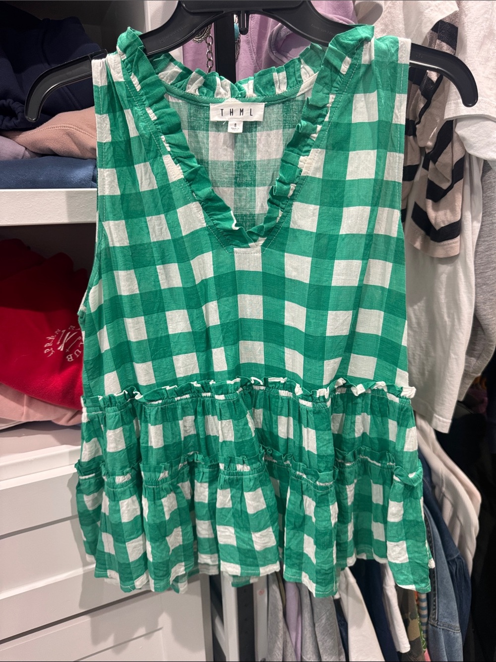 THML Green and White Gingham Ruffle Peplum Tank